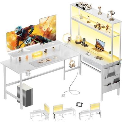 HLONONE Bureau dangle avec Rangement 150 x 100 cm Bureau Gaming en L avec Prise Intégrée & LED Support de Moniteur Blanc Blanc - Publicité HLONONE Bureau dangle avec Rangement 150 x 100 cm Bureau Gaming en L avec Prise Intégrée & LED Support de Moniteur Blanc Blanc - Publicité
