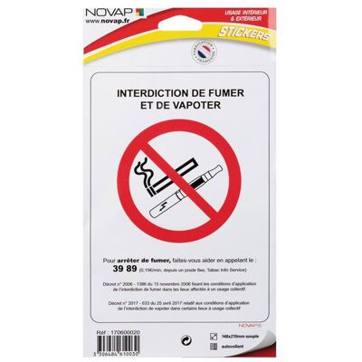 Panneau NOVAP - 14,8 x 21 cm - Adhésif - Interdiction de fumer et vapoter - Publicité Panneau NOVAP - 14,8 x 21 cm - Adhésif - Interdiction de fumer et vapoter - Publicité
