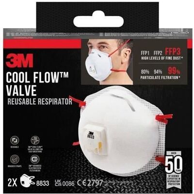3M - Masque anti-poussière - FFP3 - Avec valve respiratoire réutilisable - Lot de 2 Blanc - Publicité 3M - Masque anti-poussière - FFP3 - Avec valve respiratoire réutilisable - Lot de 2 Blanc - Publicité
