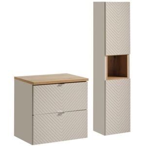 MEUBLORAMA Ensemble de salle de bain AOKI : meuble sous vasque à tiroirs 60cm + plan vasque aspect bois + colonne Beige - Publicité MEUBLORAMA Ensemble de salle de bain AOKI : meuble sous vasque à tiroirs 60cm + plan vasque aspect bois + colonne Beige - Publicité