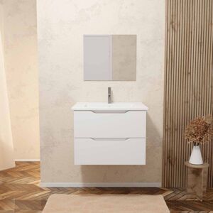 AURLANE Meuble salle de bain 60cm suspendu 2 tiroirs Blanc Laque poignees integrees vasque et miroir - MILA Blanc - Publicité AURLANE Meuble salle de bain 60cm suspendu 2 tiroirs Blanc Laque poignees integrees vasque et miroir - MILA Blanc - Publicité