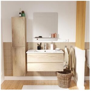 MOB-IN Meuble simple vasque 80cm décor chêne SORRENTO+robinet chromé+miroir+colonne Marron - Publicité MOB-IN Meuble simple vasque 80cm décor chêne SORRENTO+robinet chromé+miroir+colonne Marron - Publicité