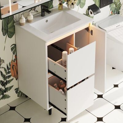 OEM Meuble vasque 61 cm sur pieds avec vasque céramique - 2 tiroirs et 1 porte - blanc laqué - rangement salle de bain Blanc - Publicité OEM Meuble vasque 61 cm sur pieds avec vasque céramique - 2 tiroirs et 1 porte - blanc laqué - rangement salle de bain Blanc - Publicité