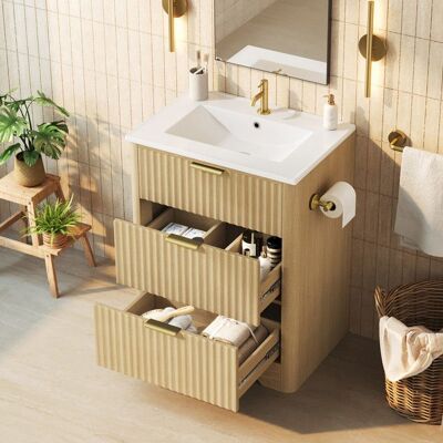 OEM Meuble de salle de bain avec vasque en céramique 61 cm - 2 tiroirs - Effet bois - Porte-papier réversible - 61x47x82 cm - Publicité OEM Meuble de salle de bain avec vasque en céramique 61 cm - 2 tiroirs - Effet bois - Porte-papier réversible - 61x47x82 cm - Publicité