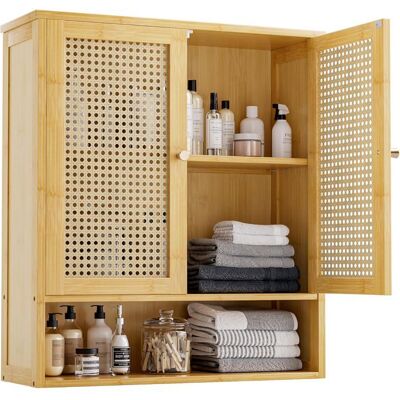 Meuble de Salle de Bain - UNHO - Armoire Murale - Bambou Laqué - 2 Portes - 3 Étagères Marron - Publicité Meuble de Salle de Bain - UNHO - Armoire Murale - Bambou Laqué - 2 Portes - 3 Étagères Marron - Publicité