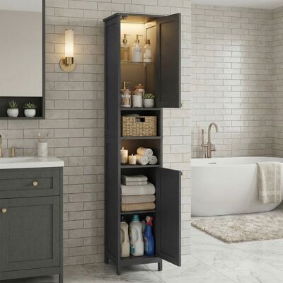 VASAGLE Colonne de Salle de Bain Étagères Réglables Meuble Haut Moderne pour Petits Espaces Éclairage Noir Noir - Publicité VASAGLE Colonne de Salle de Bain Étagères Réglables Meuble Haut Moderne pour Petits Espaces Éclairage Noir Noir - Publicité