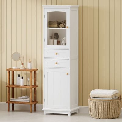 MERAX Colonne de Salle de Bain avec Porte Vitrée et 2 Tiroirs Meuble Rangement Blanc avec Poignées Dorées 45x36x160 cm Blanc - Publicité MERAX Colonne de Salle de Bain avec Porte Vitrée et 2 Tiroirs Meuble Rangement Blanc avec Poignées Dorées 45x36x160 cm Blanc - Publicité