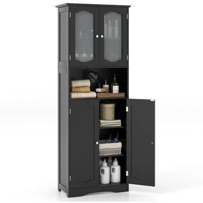 Colonne de Salle de Bain Haute COSTWAY-4 Portes 2 en Verre Dépoli Trempé-Compartiment Ouvert-Étagères Réglables-60x30x164cm Noir Noir - Publicité Colonne de Salle de Bain Haute COSTWAY-4 Portes 2 en Verre Dépoli Trempé-Compartiment Ouvert-Étagères Réglables-60x30x164cm Noir Noir - Publicité