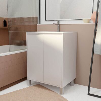 AURLANE - Set Mobile de Salle de Bain 60 cm Laccato Blanc 2 Portes avec Lavabo en Céramique - Publicité AURLANE - Set Mobile de Salle de Bain 60 cm Laccato Blanc 2 Portes avec Lavabo en Céramique - Publicité