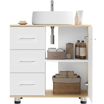 Meuble sous Lavabo EUGAD - 60x30x60cm - 3 Tiroirs 2 Compartiments - Bois dIngénierie - Blanc+Chêne Clair Blanc - Publicité Meuble sous Lavabo EUGAD - 60x30x60cm - 3 Tiroirs 2 Compartiments - Bois dIngénierie - Blanc+Chêne Clair Blanc - Publicité