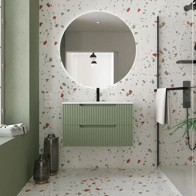 Aurlane - Meuble de salle de bain 80cm Vert Olive - Tiroirs MDF Ondulés - Lavabo encastré - Publicité Aurlane - Meuble de salle de bain 80cm Vert Olive - Tiroirs MDF Ondulés - Lavabo encastré - Publicité
