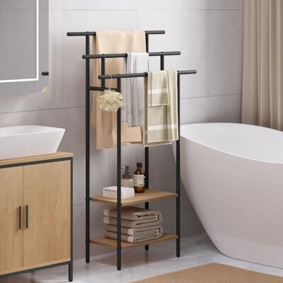 Meuble Salle de Bain EUGAD - Porte Serviette sur Pied 3 Niveaux - 68x28x117cm - Noir+Chêne Clair Noir - Publicité Meuble Salle de Bain EUGAD - Porte Serviette sur Pied 3 Niveaux - 68x28x117cm - Noir+Chêne Clair Noir - Publicité