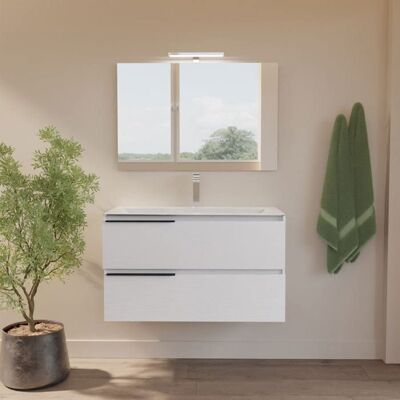 KIAMAMI VALENTINA Meuble de salle de bain suspendu 80 cm avec 2 tiroirs lavabo en céramique miroir et lampe LED Berlin Blanc - Publicité KIAMAMI VALENTINA Meuble de salle de bain suspendu 80 cm avec 2 tiroirs lavabo en céramique miroir et lampe LED Berlin Blanc - Publicité