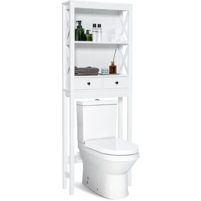 COSTWAY Meuble WC au-Dessus de Toilettes avec 3 Étagères et 2 Tiroirs Barre Inférieure Réglable Dispositif Anti-basculement Blanc - Publicité COSTWAY Meuble WC au-Dessus de Toilettes avec 3 Étagères et 2 Tiroirs Barre Inférieure Réglable Dispositif Anti-basculement Blanc - Publicité