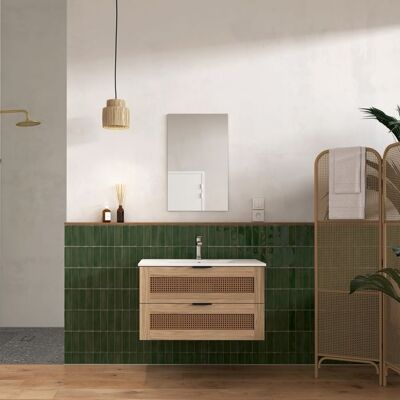 AURLANE Meuble salle de bain cannage Apolline 80cm décor bois et cannage - 2 tiroirs vasque et miroir Marron - Publicité AURLANE Meuble salle de bain cannage Apolline 80cm décor bois et cannage - 2 tiroirs vasque et miroir Marron - Publicité