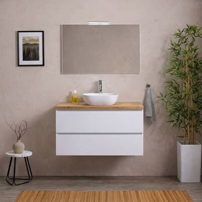 KIAMAMI VALENTINA Meuble de salle de bain suspendu 80 cm blanc plateau chêne naturel miroir et lampe Berlin Blanc - Publicité KIAMAMI VALENTINA Meuble de salle de bain suspendu 80 cm blanc plateau chêne naturel miroir et lampe Berlin Blanc - Publicité