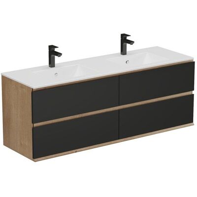 VENTE-UNIQUE Meuble de salle de bain suspendu avec vasque à encastrer - Coloris naturel clair et noir - 150 cm - SABURI Noir - Publicité VENTE-UNIQUE Meuble de salle de bain suspendu avec vasque à encastrer - Coloris naturel clair et noir - 150 cm - SABURI Noir - Publicité