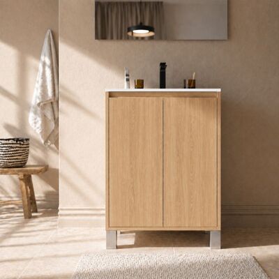 AURLANE Pack Meuble Salle de Bains 70cm Chêne Clair 2 Portes avec Vasque Céramique Blanche - XENOS - Publicité AURLANE Pack Meuble Salle de Bains 70cm Chêne Clair 2 Portes avec Vasque Céramique Blanche - XENOS - Publicité