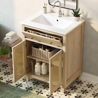 MERAX Meuble de Salle de Bain Effet Bois Vasque Céramique Portes Cannage - Meuble Sous Vasque 61 cm Marron - Publicité MERAX Meuble de Salle de Bain Effet Bois Vasque Céramique Portes Cannage - Meuble Sous Vasque 61 cm Marron - Publicité