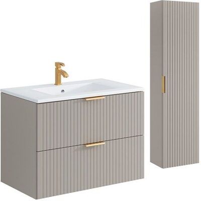 VENTE-UNIQUE Meuble de salle de bain suspendu strié avec vasque à encastrer et colonne - Coloris beige - 80 cm - ZEVARA Beige - Publicité VENTE-UNIQUE Meuble de salle de bain suspendu strié avec vasque à encastrer et colonne - Coloris beige - 80 cm - ZEVARA Beige - Publicité