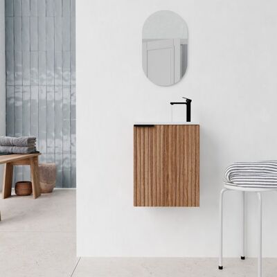 AURLANE Ensemble meuble lave mains MDF ondulé bois 40x50x22cm et miroir ovale - MILO Marron - Publicité AURLANE Ensemble meuble lave mains MDF ondulé bois 40x50x22cm et miroir ovale - MILO Marron - Publicité