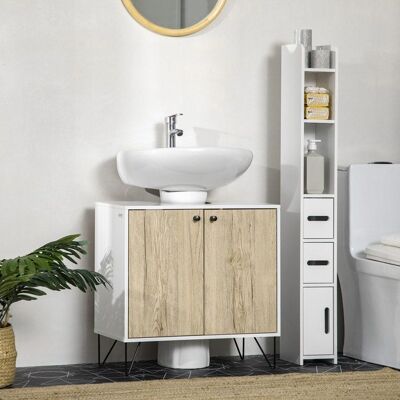 Generic Meuble sous lavabo meuble de salle de bain avec 2 portes pieds en acier 60 x 30 x 60 cm blanc et bois naturel Blanc - Publicité Generic Meuble sous lavabo meuble de salle de bain avec 2 portes pieds en acier 60 x 30 x 60 cm blanc et bois naturel Blanc - Publicité