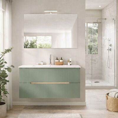 KIAMAMI VALENTINA Meuble de salle de bain suspendu 100cm chêne givré et vert sauge Magnolia Vert - Publicité KIAMAMI VALENTINA Meuble de salle de bain suspendu 100cm chêne givré et vert sauge Magnolia Vert - Publicité