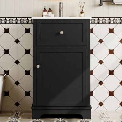 OEM Meuble de salle de bain avec lavabo intégré - 51x46x87 cm - Noir - MDF et céramique - Tiroir coulissant Noir - Publicité OEM Meuble de salle de bain avec lavabo intégré - 51x46x87 cm - Noir - MDF et céramique - Tiroir coulissant Noir - Publicité
