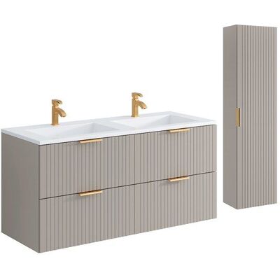 VENTE-UNIQUE Meuble de salle de bain suspendu strié avec vasque à encastrer et colonne - Coloris beige - 120 cm - ZEVARA Beige - Publicité VENTE-UNIQUE Meuble de salle de bain suspendu strié avec vasque à encastrer et colonne - Coloris beige - 120 cm - ZEVARA Beige - Publicité