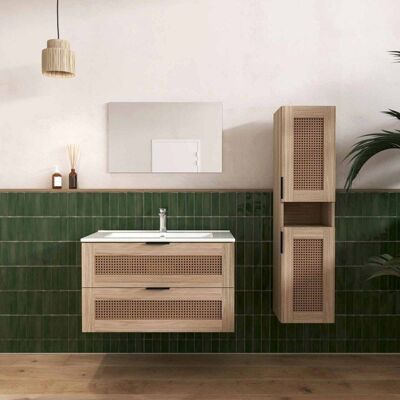 AURLANE Ensemble Meuble de Salle de Bains 80 cm et Colonne - Decor Bois et Cannage - APOLLINE Marron - Publicité AURLANE Ensemble Meuble de Salle de Bains 80 cm et Colonne - Decor Bois et Cannage - APOLLINE Marron - Publicité