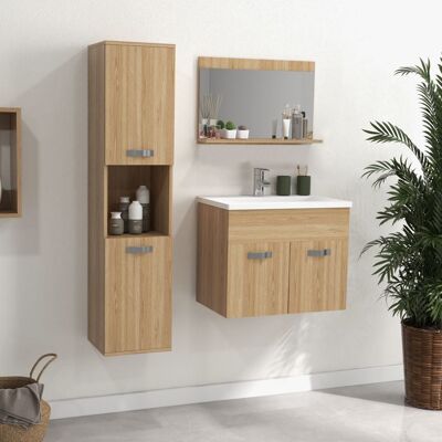 Generic Ensemble de meubles de salle de bain armoire miroir + meuble sous lavabo suspendu avec bassin + meuble colonne naturel Marron - Publicité Generic Ensemble de meubles de salle de bain armoire miroir + meuble sous lavabo suspendu avec bassin + meuble colonne naturel Marron - Publicité