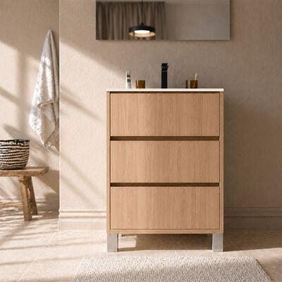 AURLANE Pack Meuble Salle de Bains 70cm Chêne Clair 3 tiroirs avec Vasque Céramique Blanche - XENOS - Publicité AURLANE Pack Meuble Salle de Bains 70cm Chêne Clair 3 tiroirs avec Vasque Céramique Blanche - XENOS - Publicité