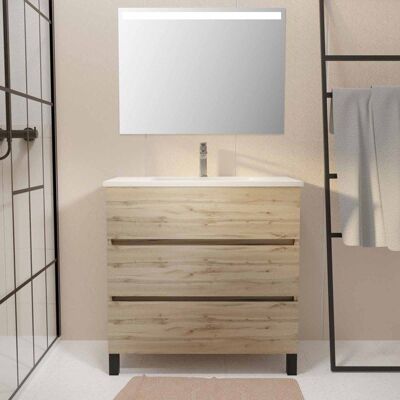 AURLANE Pack Meuble SDB 80cm sur pieds 3 tiroirs Chene_Vasque blanche + Miroir Led - TIMBER 80_Pack46 Marron - Publicité AURLANE Pack Meuble SDB 80cm sur pieds 3 tiroirs Chene_Vasque blanche + Miroir Led - TIMBER 80_Pack46 Marron - Publicité