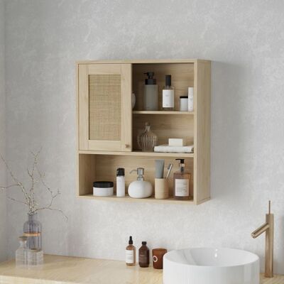 Generic Armoire murale meuble haut salle de bain avec porte coulissante en rotin et étagères ouvertes bois naturel Marron - Publicité Generic Armoire murale meuble haut salle de bain avec porte coulissante en rotin et étagères ouvertes bois naturel Marron - Publicité