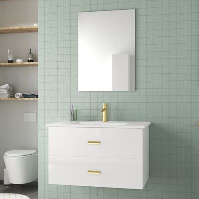 AURLANE Meuble de bain Blanc et Or - 80cm, 2 Tiroirs - Lavabo en céramique & Miroir - Publicité AURLANE Meuble de bain Blanc et Or - 80cm, 2 Tiroirs - Lavabo en céramique & Miroir - Publicité