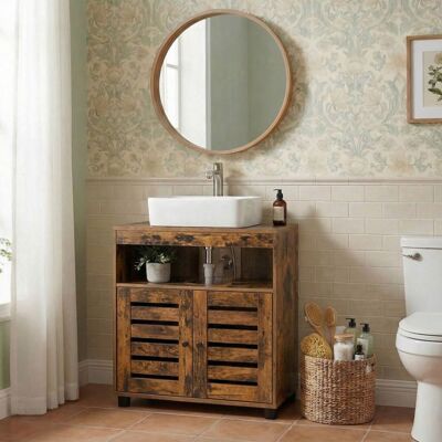 VASAGLE Meuble sous Lavabo étagère réglable avec portes persiennes armoire de rangement salle de bain marron Marron - Publicité VASAGLE Meuble sous Lavabo étagère réglable avec portes persiennes armoire de rangement salle de bain marron Marron - Publicité
