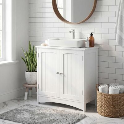 VASAGLE Meuble sous vasque avec Étagère Réglable Rangement Spacieux Style Campagne 30 x 60 x 60 cm Blanc Blanc - Publicité VASAGLE Meuble sous vasque avec Étagère Réglable Rangement Spacieux Style Campagne 30 x 60 x 60 cm Blanc Blanc - Publicité