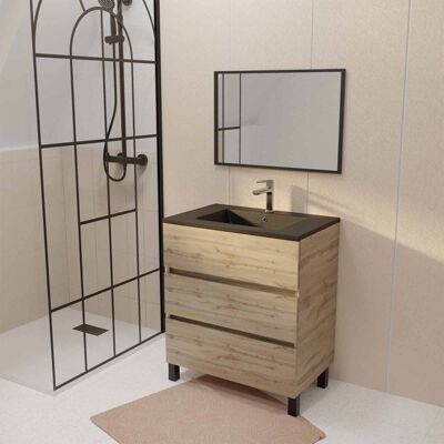 Aurlane - Meuble de salle de bain en bois 70cm avec 3 tiroirs et lavabo en céramique noire - Publicité Aurlane - Meuble de salle de bain en bois 70cm avec 3 tiroirs et lavabo en céramique noire - Publicité