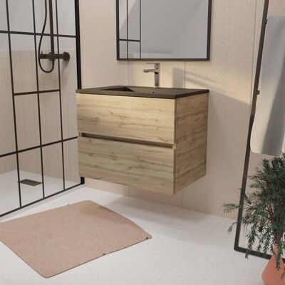 Meuble de salle de bain Chêne Aurlane - 70cm avec 2 tiroirs & Lavabo céramique noire - Publicité Meuble de salle de bain Chêne Aurlane - 70cm avec 2 tiroirs & Lavabo céramique noire - Publicité