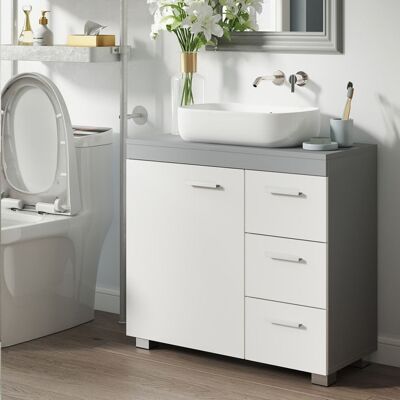 VASAGLE Meuble sous lavabo - MDF - 3 tiroirs - 2 compartiments - Blanc nuage et gris tourterelle Blanc - Publicité VASAGLE Meuble sous lavabo - MDF - 3 tiroirs - 2 compartiments - Blanc nuage et gris tourterelle Blanc - Publicité