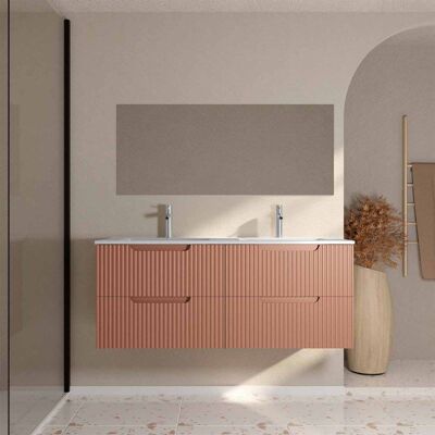 AURLANE Meuble de Salle de Bains LEON 120cm Terracotta - 4 Tiroirs en MDF Ondulés - Vasque à encastrer Rouge - Publicité AURLANE Meuble de Salle de Bains LEON 120cm Terracotta - 4 Tiroirs en MDF Ondulés - Vasque à encastrer Rouge - Publicité