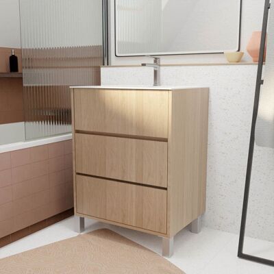 AURLANE - Pack Meuble de Salle de Bain 60cm Chêne Clair 3 Tiroirs Lavabo en Céramique - Publicité AURLANE - Pack Meuble de Salle de Bain 60cm Chêne Clair 3 Tiroirs Lavabo en Céramique - Publicité