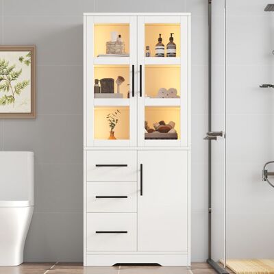 MERAX Armoire de Rangement 72 x 35 x 170 cm Meuble de Salle de Bain avec Portes Vitrées 3 Tiroirs Éclairage LED Blanc Blanc - Publicité MERAX Armoire de Rangement 72 x 35 x 170 cm Meuble de Salle de Bain avec Portes Vitrées 3 Tiroirs Éclairage LED Blanc Blanc - Publicité