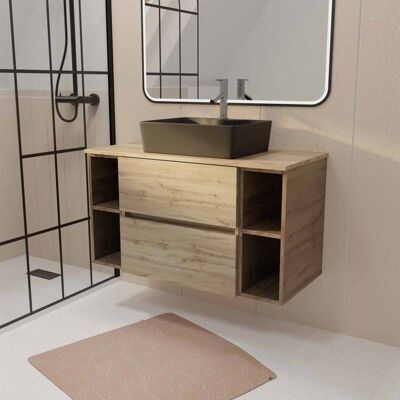 AURLANE Meuble de salle de bains 100cm TIMBER Décor Chêne 2 Tiroirs - Vasque Rectangulaire Noire Marron - Publicité AURLANE Meuble de salle de bains 100cm TIMBER Décor Chêne 2 Tiroirs - Vasque Rectangulaire Noire Marron - Publicité