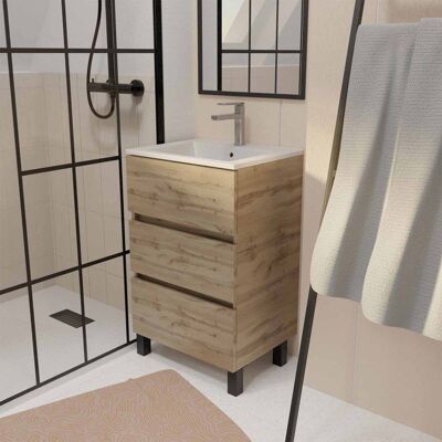 Aurlane - Meuble de salle de bains 50 cm Décoré Chêne avec 3 tiroirs & Lavabo en céramique blanche - Publicité Aurlane - Meuble de salle de bains 50 cm Décoré Chêne avec 3 tiroirs & Lavabo en céramique blanche - Publicité