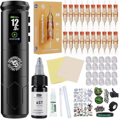 Dragonhawk A1 Pro Tattoo Pen Kit 4.0mm Stroke 2000mAh Battery with 20pcs Tattoo Needles for Beginners - Publicité Dragonhawk A1 Pro Tattoo Pen Kit 4.0mm Stroke 2000mAh Battery with 20pcs Tattoo Needles for Beginners - Publicité