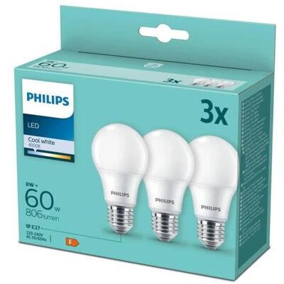 Ampoule LED - PHILIPS - A60 E27 - 8W - 4000K - 806Lm - Blanc Froid - Pack de 3 Blanc - Publicité Ampoule LED - PHILIPS - A60 E27 - 8W - 4000K - 806Lm - Blanc Froid - Pack de 3 Blanc - Publicité