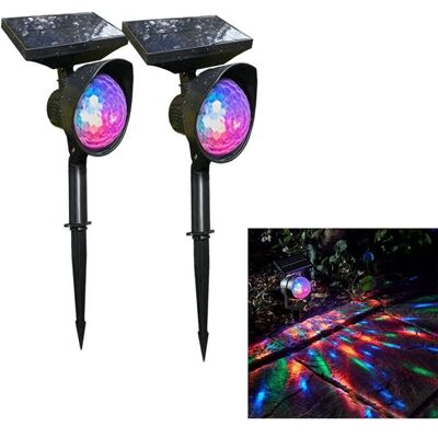 Lot de 2 projecteurs solaires dextérieur à LED RVB changeant de couleur Lampe de projection rotative adaptée pour lextérieur de Noir - Publicité Lot de 2 projecteurs solaires dextérieur à LED RVB changeant de couleur Lampe de projection rotative adaptée pour lextérieur de Noir - Publicité