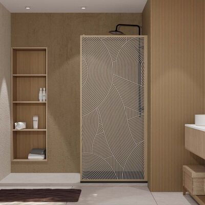 AURLANE Paroi de douche 90 x 200 HINATA - style Japandi courbes douces - Cadre effet Bois - Verre 6mm Marron - Publicité AURLANE Paroi de douche 90 x 200 HINATA - style Japandi courbes douces - Cadre effet Bois - Verre 6mm Marron - Publicité
