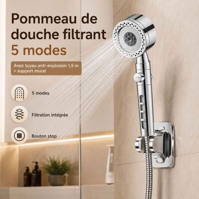 Generic Pommeau de Douche Filtrant Haute Pression 5 Modes Douchette Argent Chromé avec Bouton Stop Tuyau 15 m et Support Sans Perçage Gris - Publicité Generic Pommeau de Douche Filtrant Haute Pression 5 Modes Douchette Argent Chromé avec Bouton Stop Tuyau 15 m et Support Sans Perçage Gris - Publicité